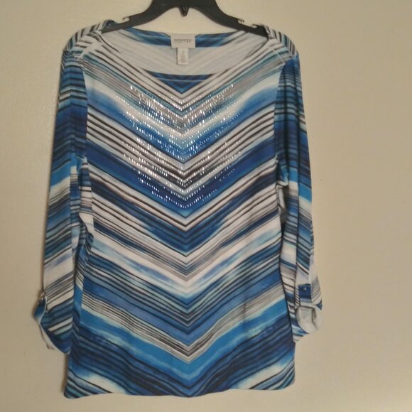 Chico’s Zenergy Women’s Blue Striped Rhinestone Top Size 2 (L/XL) - Picture 6 of 7